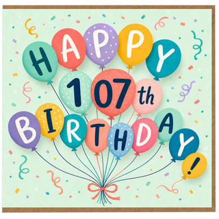 107th Birthday Card, Happy Birthday Balloon Design, Special Age Birthday Card