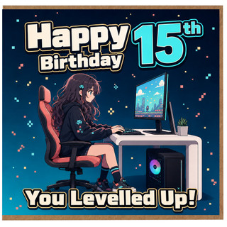 15th Birthday Card, Gaming Anime Style You Levelled Up Birthday Card