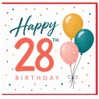28th Birthday Card, Happy 28th Birthday Card with Balloons