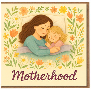 Mother's Day Card for Mum - 'Motherhood' Floral Illustration with Mum and Child Cuddling, Pastel Flowers, Heartfelt Mother's Day Greeting