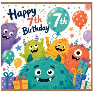 7th Birthday Card, Cute Monster Kids Birthday Card