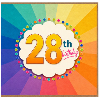 28th Birthday Card, Colourful Rainbow Burst Celebration Card