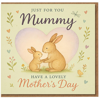 Mother's Day Card for Mummy - Cute Bunnies with Heart and Flowers - Just for You Mummy, Have a Lovely Mother's Day