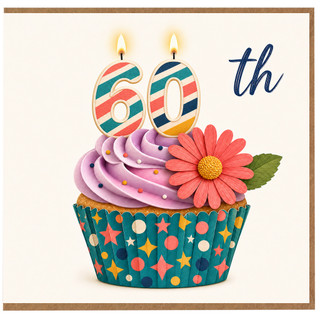 60th Birthday Card, Cupcake and Flower Design