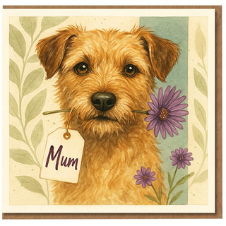 Mum Mother's Day Card - Cute Dog with Purple Daisy and Gift Tag - Sweet Card for Mum from Daughter or Son