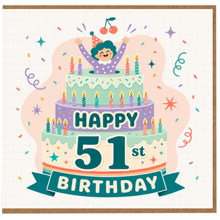 51st Birthday Card, Happy Birthday Cake Design