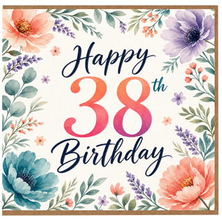 38th Birthday Card, Floral Watercolour Happy 38th Birthday Card