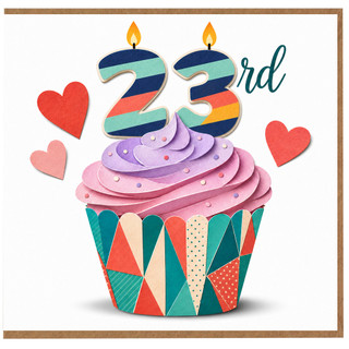 23rd Birthday Card, Colourful Cupcake and Heart Design
