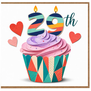 29th Birthday Card, Colourful Cupcake and Hearts Design