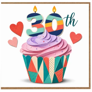30th Birthday Card, Colourful Cupcake and Hearts Design
