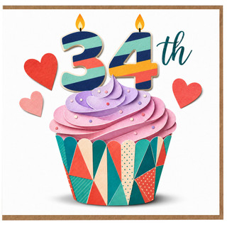 34th Birthday Card, Colourful Cupcake and Hearts Design