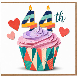 44th Birthday Card, Colourful Cupcake and Hearts Design