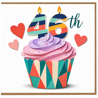 46th Birthday Card, Colourful Cupcake and Hearts Design