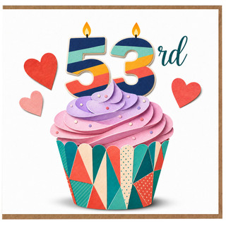 53rd Birthday Card, Colourful Cupcake and Hearts Design