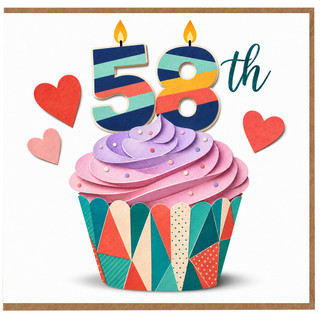 58th Birthday Card, Colourful Cupcake and Hearts Design