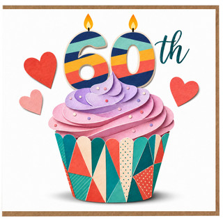 60th Birthday Card, Colourful Cupcake and Hearts Design
