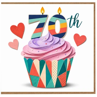 70th Birthday Card, Colourful Cake and Hearts Design