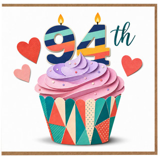 94th Birthday Card, Colourful Cupcake and Hearts Design