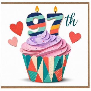 97th Birthday Card, Colourful Cupcake and Hearts Design