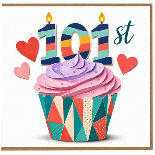 101st Birthday Card, Colourful Cupcake and Candle Design