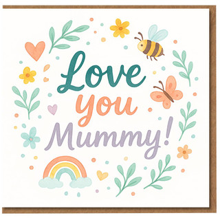 Love You Mummy Card - Cute Rainbow, Bee and Butterfly Design - Mother's Day or Mum's Birthday Card from Kids