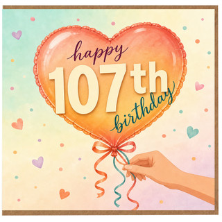 107th Birthday Card, Happy 107th Birthday Balloon Heart Design