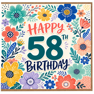 58th Birthday Card, Colourful Floral Happy 58th Birthday Card