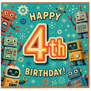4th Birthday Card, Robot Theme Birthday Card