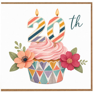 20th Birthday Card, Colourful Cupcake and Candle Design