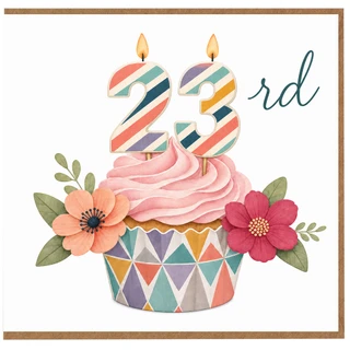 23rd Birthday Card, Floral Cupcake Candle Design