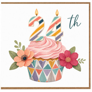 24th Birthday Card, Colourful Birthday Cake and Flowers Design
