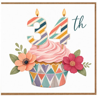 34th Birthday Card, Colourful Cupcake and Flowers Design