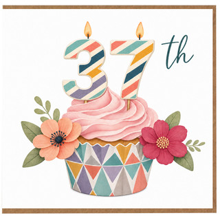 37th Birthday Card, Colourful Cupcake and Flowers Design
