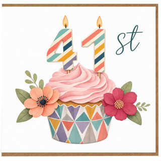 41st Birthday Card, Colourful Cupcake and Flowers Design