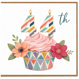 44th Birthday Card, Colourful Cupcake and Floral Design