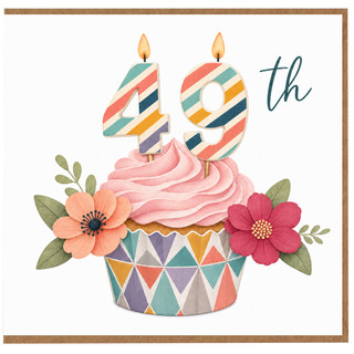 49th Birthday Card, Colourful Cupcake and Flowers Design