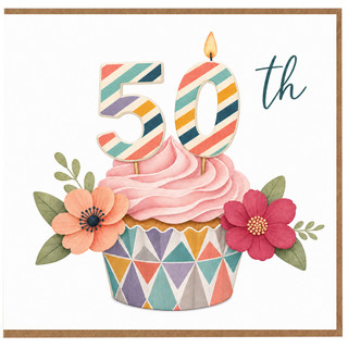 50th Birthday Card, Colourful Cupcake and Flowers Design