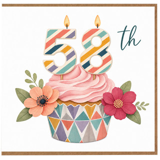 58th Birthday Card, Colourful Cake and Flowers Design