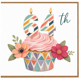 64th Birthday Card, Colourful Cupcake and Floral Design