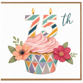 75th Birthday Card, Colourful Cake and Flowers Design