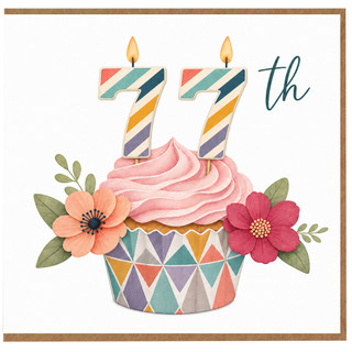 77th Birthday Card, Floral Cupcake Candle Design