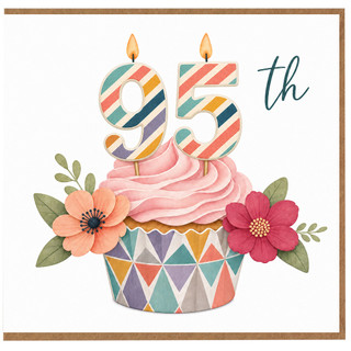95th Birthday Card, Colourful Cupcake and Floral Design