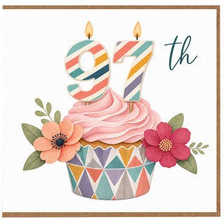 97th Birthday Card, Floral Cupcake Birthday Card