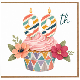 99th Birthday Card, Cupcake and Flowers Design