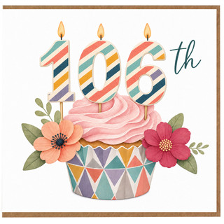 106th Birthday Card, Floral Cupcake Candle Celebration Card