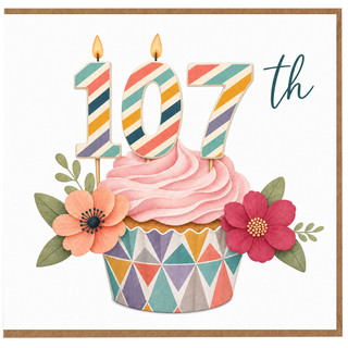 107th Birthday Card, Colourful Cake and Flowers Design