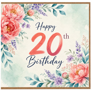 20th Birthday Card, Floral Happy 20th Birthday Card