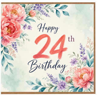 24th Birthday Card, Floral Watercolour Happy 24th Birthday Card