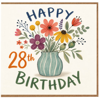 28th Birthday Card, Floral Bouquet in Vase Happy Birthday Card