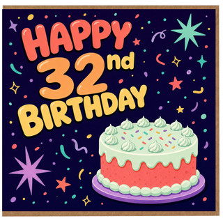32nd Birthday Card, Happy 32nd Birthday Card with Cake Design